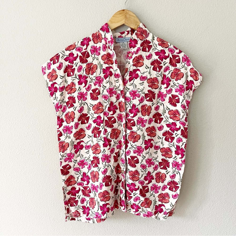 Anna Ocean Vintage Y2K Silk Floral Watercolors Button Down Blouse Size M